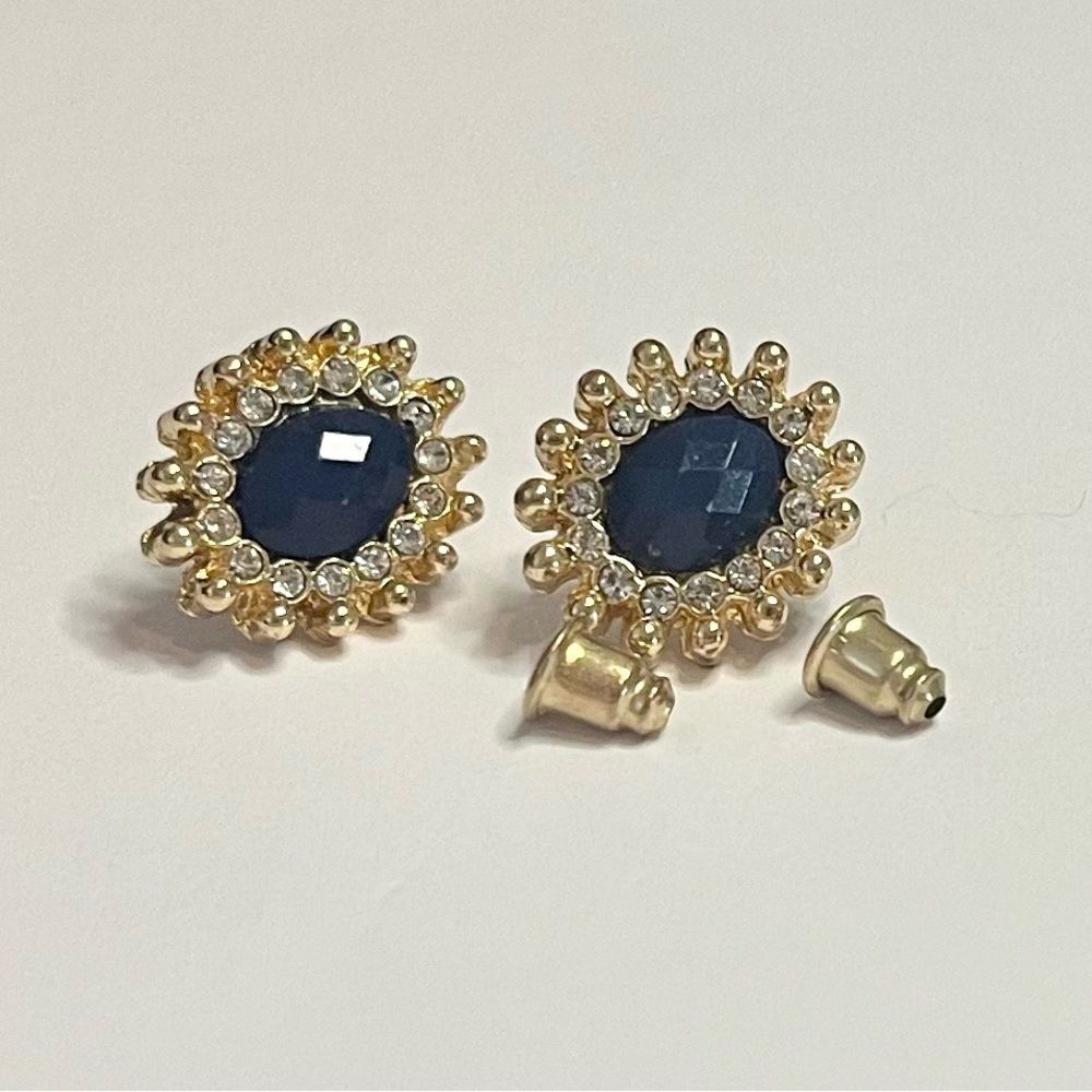 Faux, gold tone blue faceted w/clear rhinestones pierced earrings - Picture 3 of 9